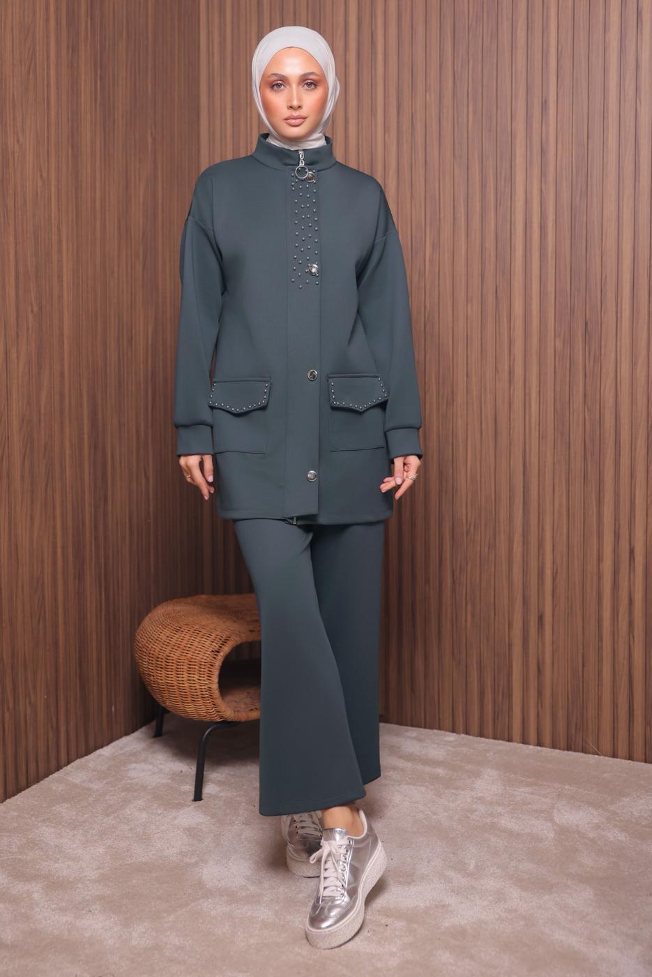 Tesettür giyim GRİ PANTOLONLU SCUBA ÖRME TAKIM T 4335