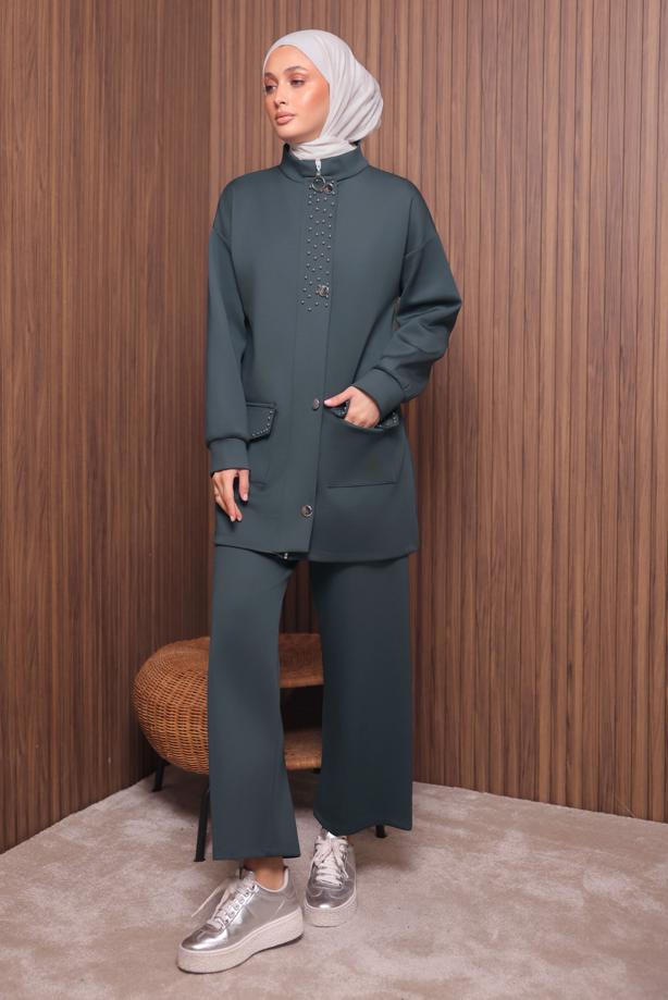 Tesettür giyim GRİ PANTOLONLU SCUBA ÖRME TAKIM T 4335 - TRENDTESETTÜR