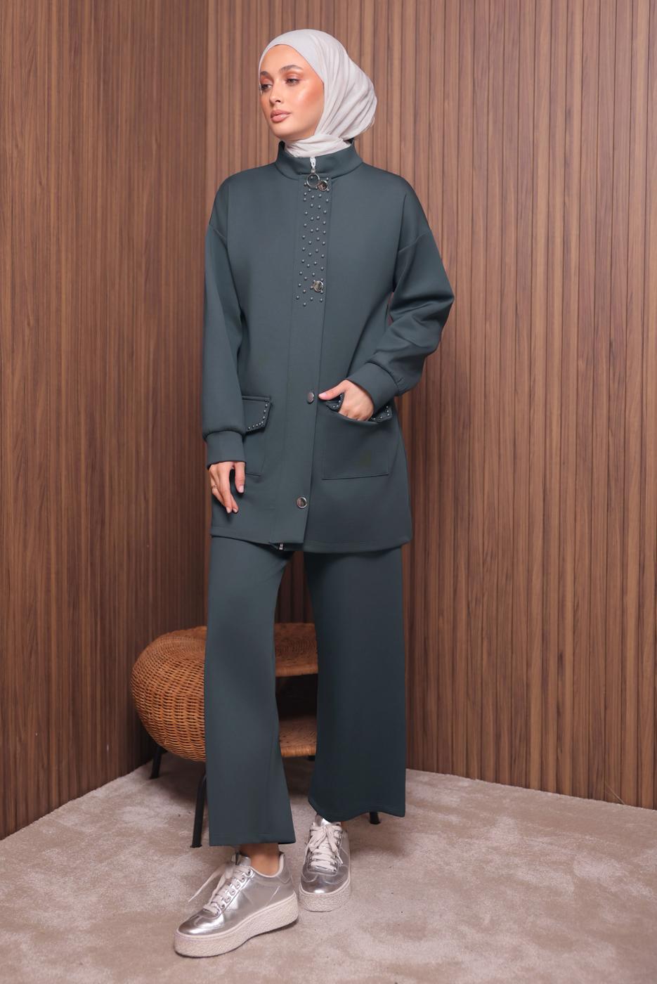 Tesettür giyim GRİ PANTOLONLU SCUBA ÖRME TAKIM T 4335