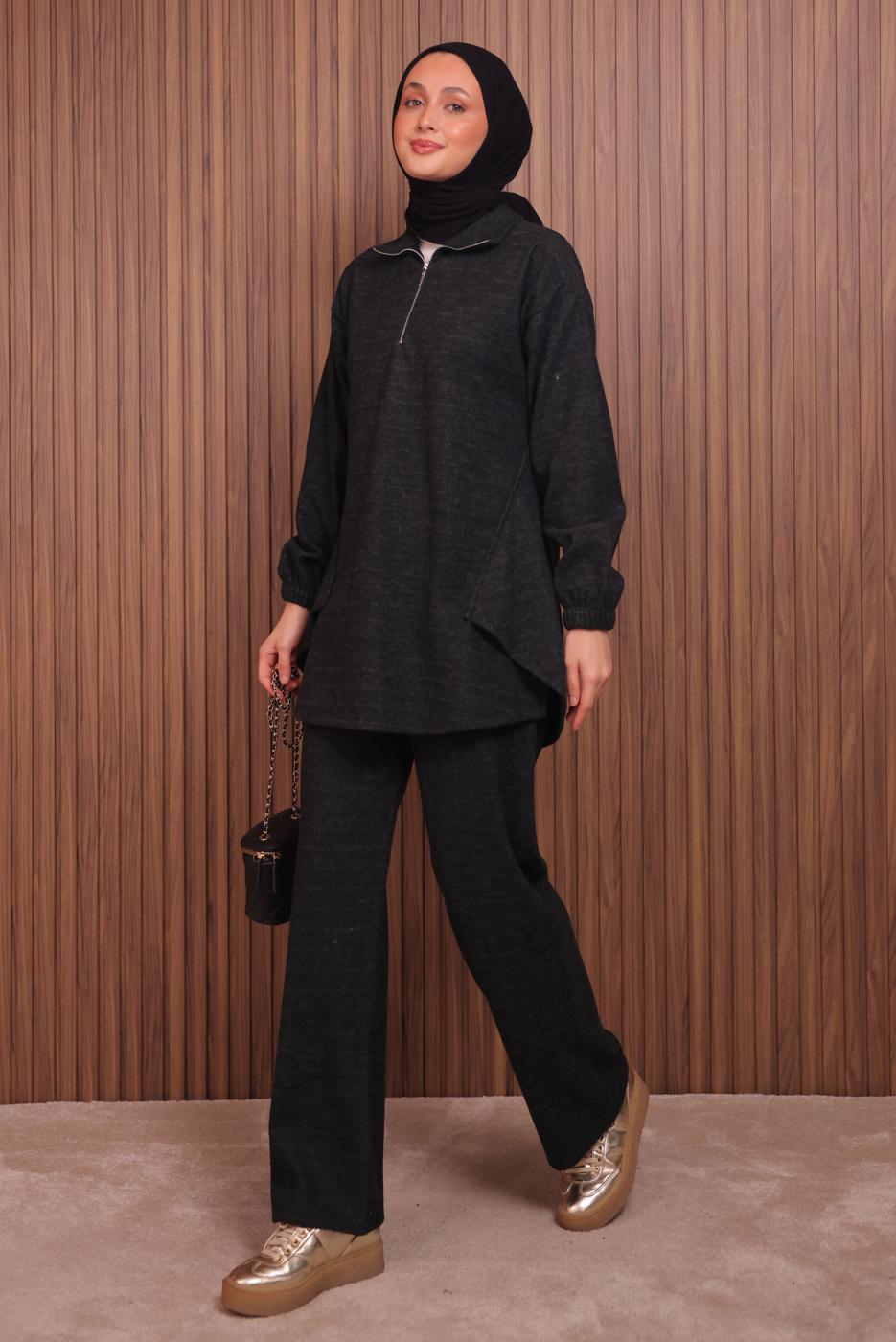 Tesettür giyim SİYAH T 4935 NSS SCUBA PANTOLONLU TAKIM