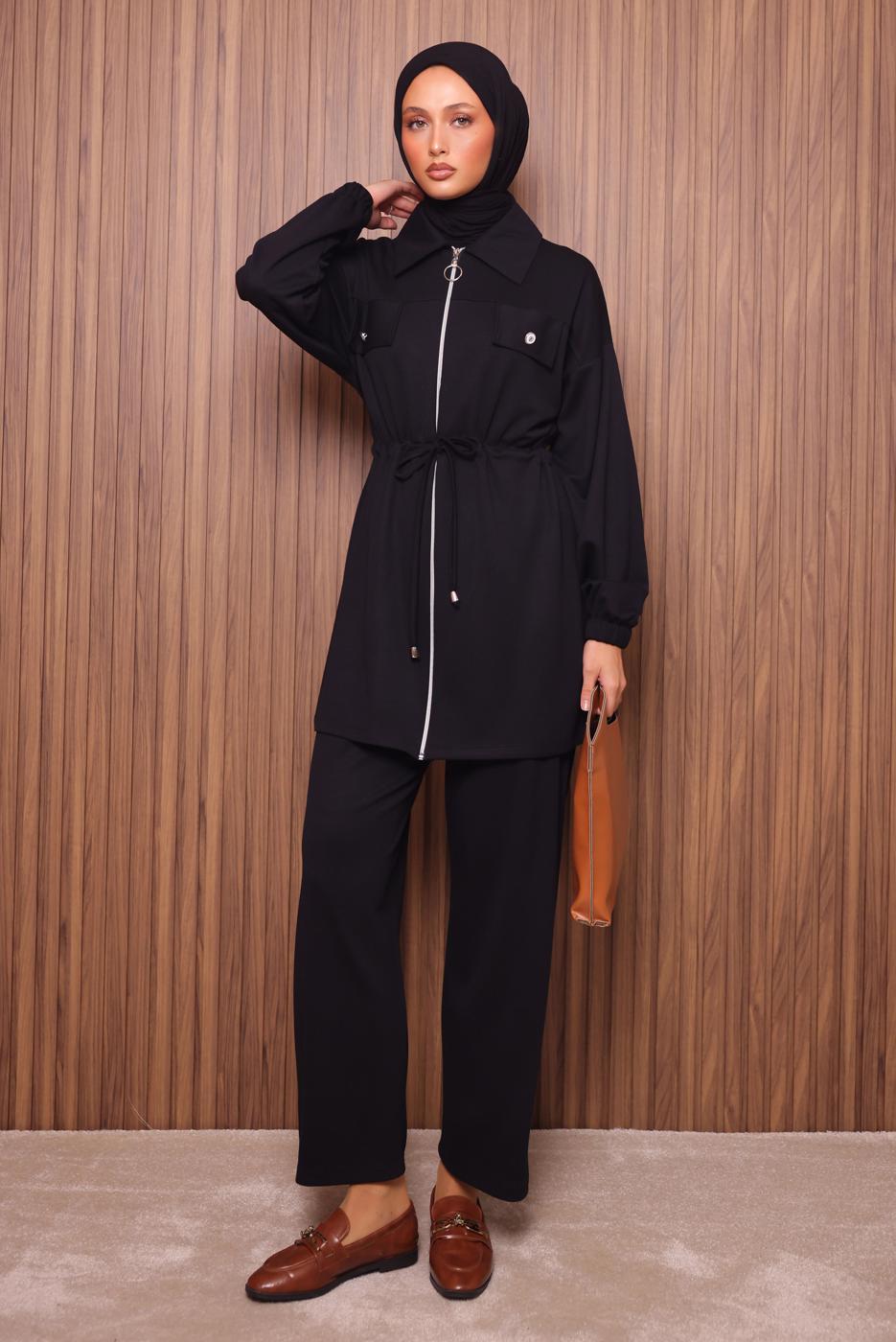 Tesettür giyim SİYAH BELİ BAĞCIKLI PANTOLONLU TAKIM T 5135