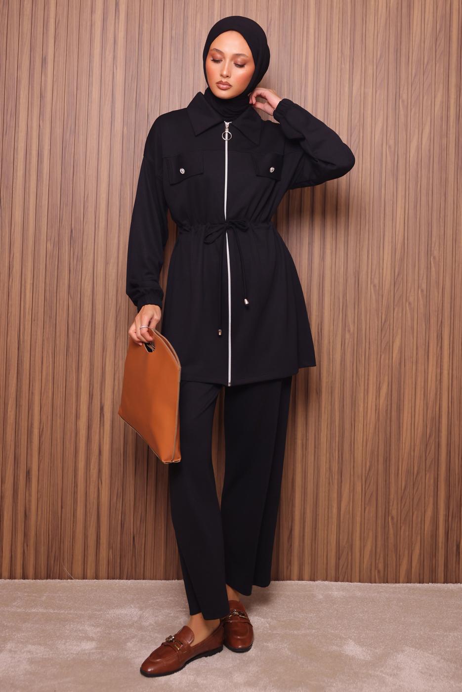 Tesettür giyim SİYAH BELİ BAĞCIKLI PANTOLONLU TAKIM T 5135