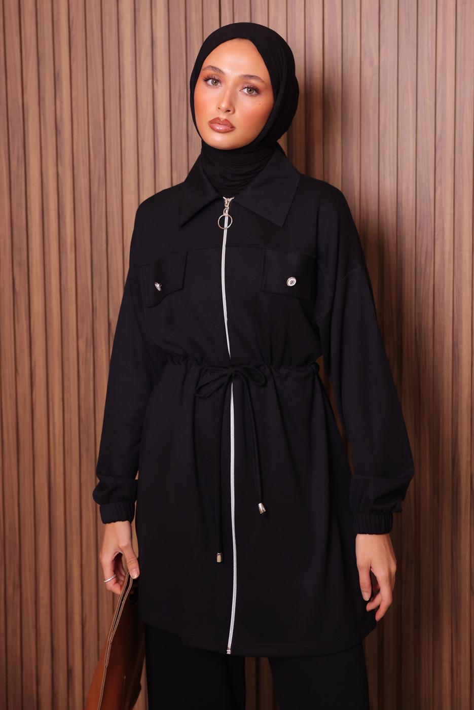 Tesettür giyim SİYAH BELİ BAĞCIKLI PANTOLONLU TAKIM T 5135