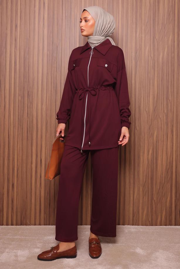 Hijab clothing CLARET RED TIED WAIST PANTSUIT T 5135 - TRENDTESETTÜR