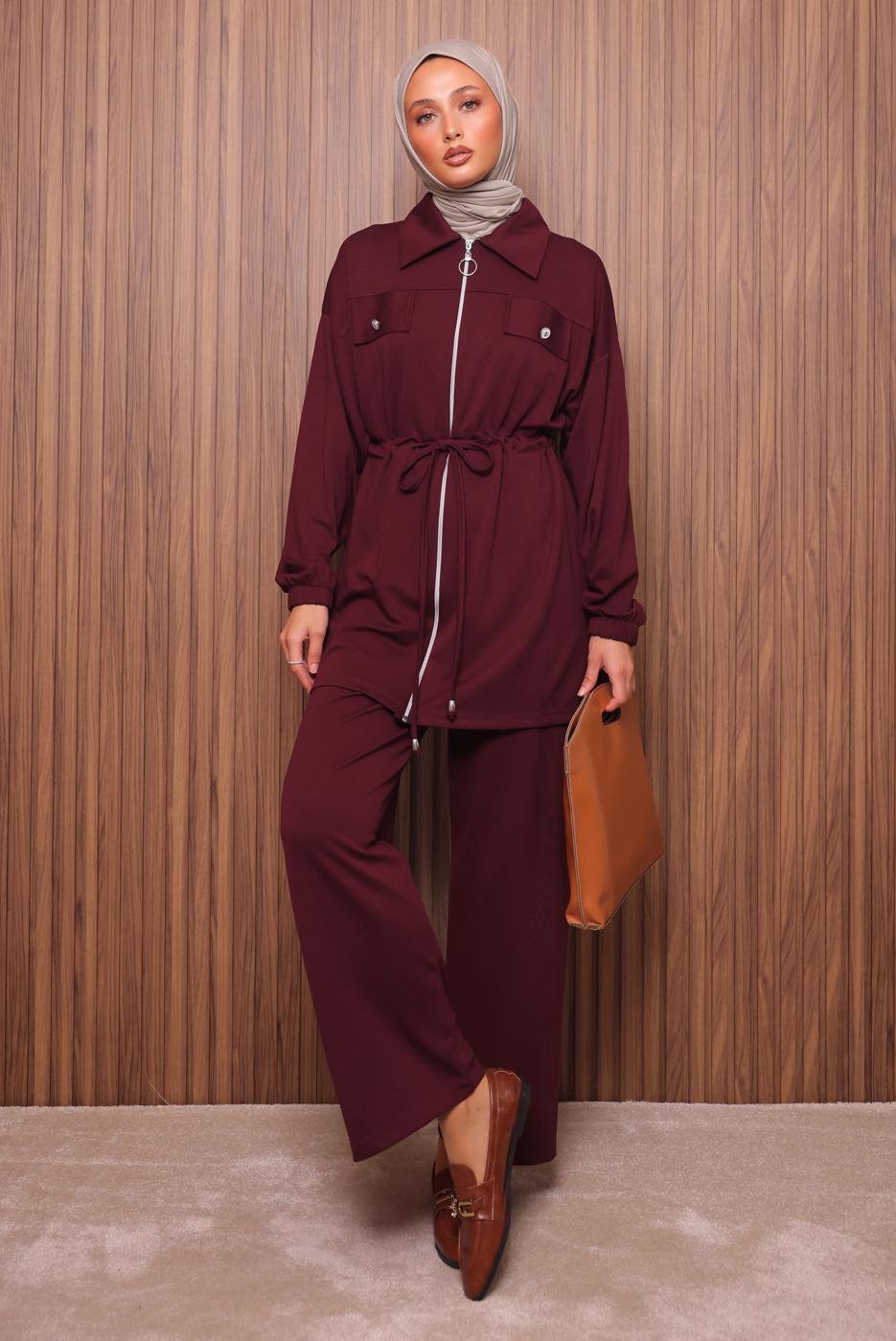 Tesettür giyim BORDO BELİ BAĞCIKLI PANTOLONLU TAKIM T 5135