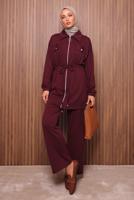 Tesettür giyim BORDO BELİ BAĞCIKLI PANTOLONLU TAKIM T 5135