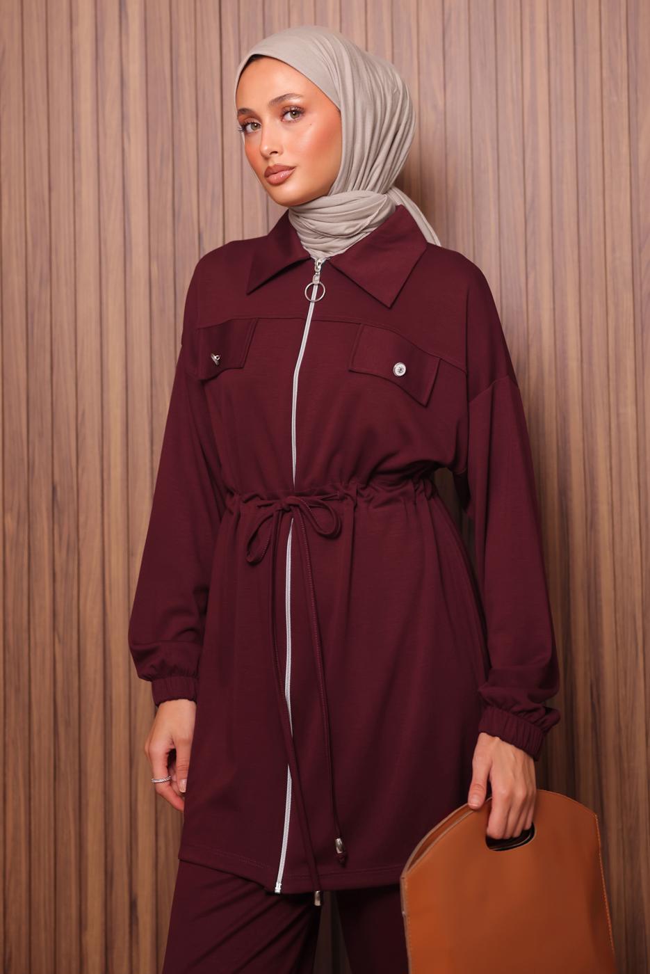 Tesettür giyim BORDO BELİ BAĞCIKLI PANTOLONLU TAKIM T 5135