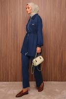 Tesettür giyim LACİVERT BELİ BAĞCIKLI PANTOLONLU TAKIM T 5135