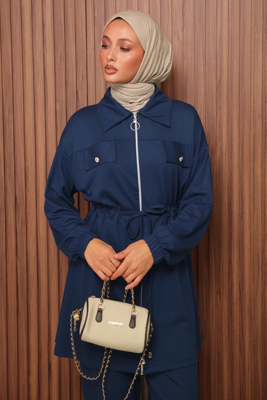 Tesettür giyim LACİVERT BELİ BAĞCIKLI PANTOLONLU TAKIM T 5135