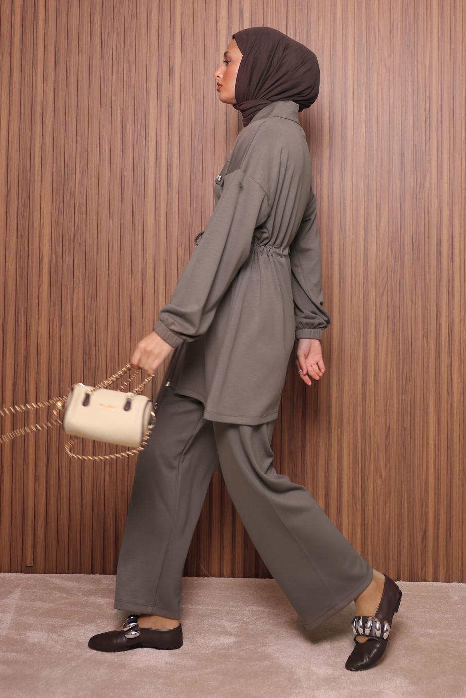 Tesettür giyim VİZON BELİ BAĞCIKLI PANTOLONLU TAKIM T 5135
