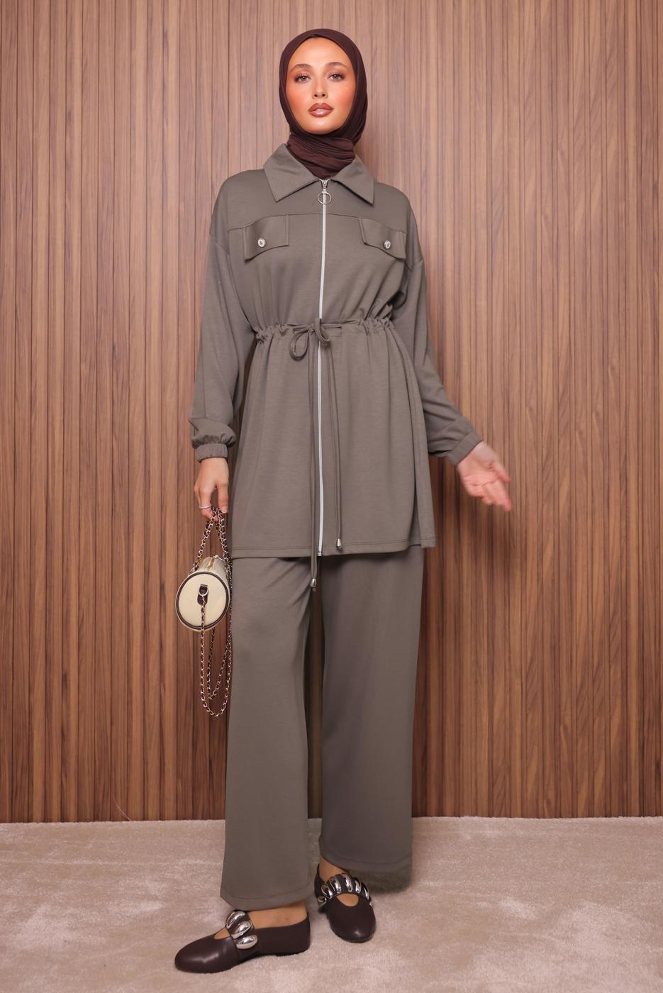 Tesettür giyim VİZON BELİ BAĞCIKLI PANTOLONLU TAKIM T 5135