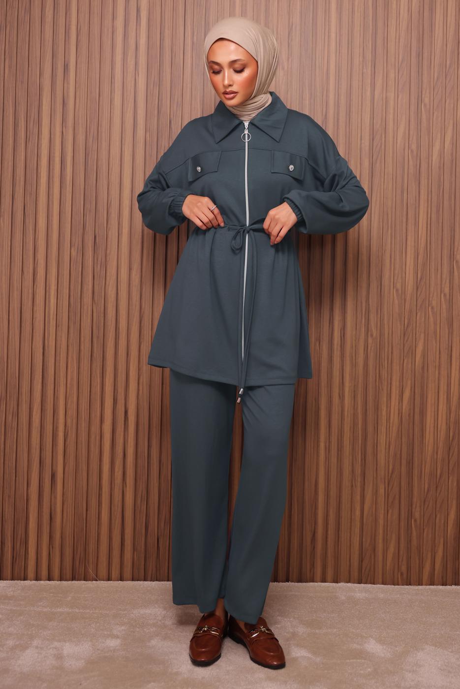 Tesettür giyim GRİ BELİ BAĞCIKLI PANTOLONLU TAKIM T 5135