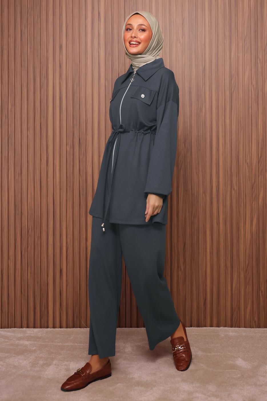 Tesettür giyim GRİ BELİ BAĞCIKLI PANTOLONLU TAKIM T 5135