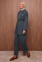 Tesettür giyim GRİ BELİ BAĞCIKLI PANTOLONLU TAKIM T 5135