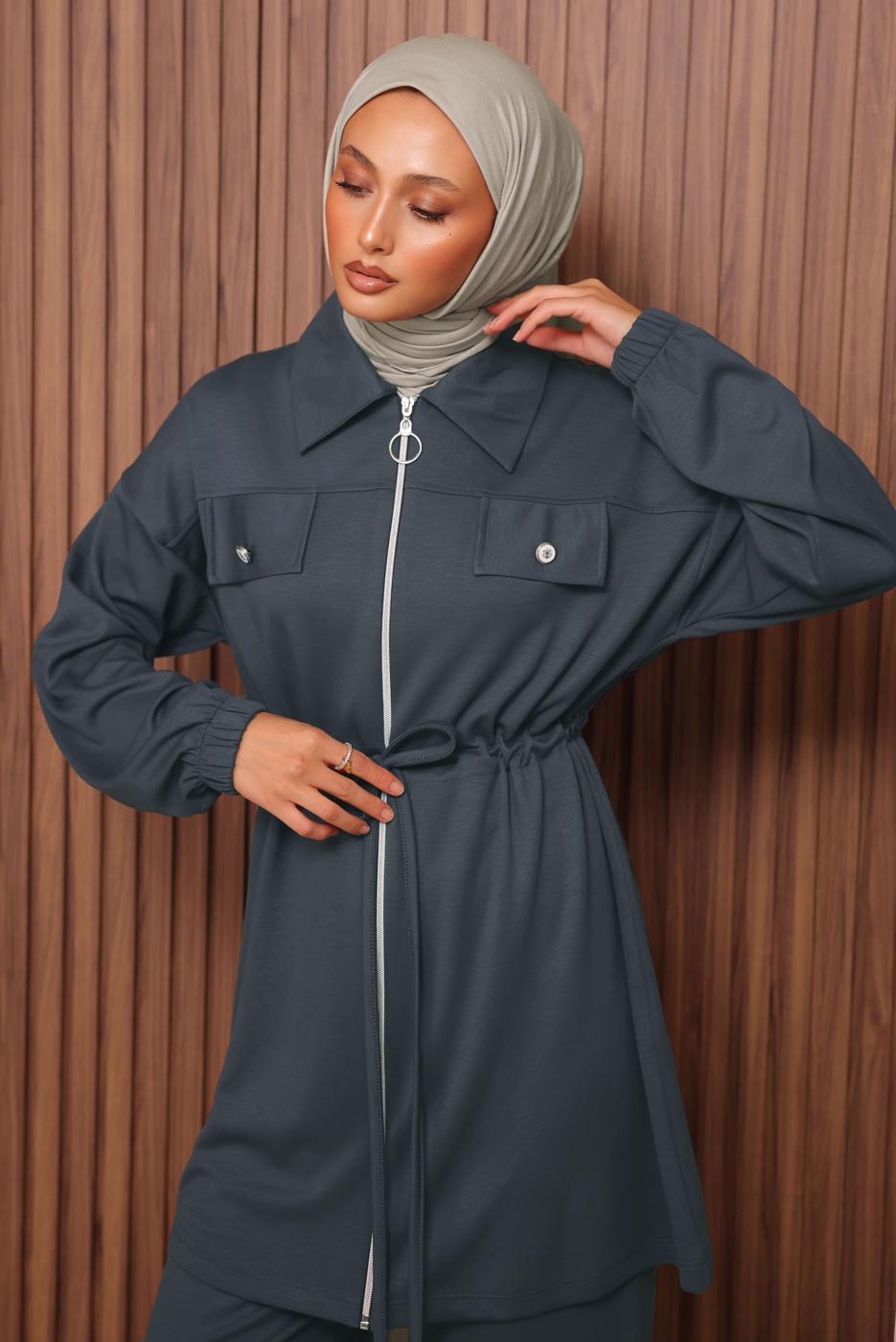 Tesettür giyim GRİ BELİ BAĞCIKLI PANTOLONLU TAKIM T 5135