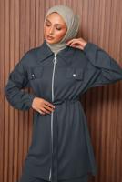 Tesettür giyim GRİ BELİ BAĞCIKLI PANTOLONLU TAKIM T 5135