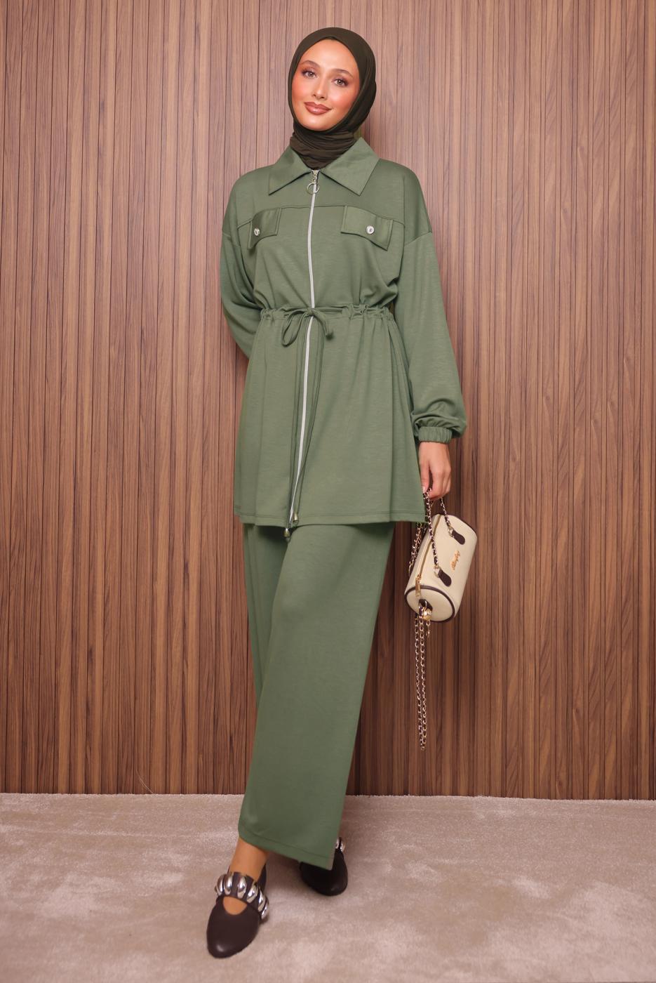 Hijab clothing GREEN TIED WAIST PANTS SUIT T 5135