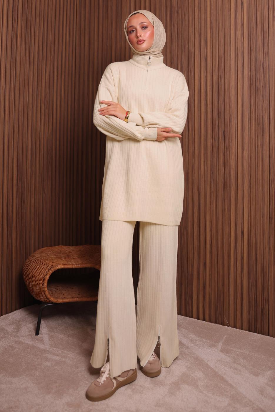 Tesettür giyim EKRU PANTOLONLU TRİKO TAKIM T 5207