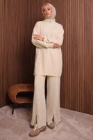 Tesettür giyim EKRU PANTOLONLU TRİKO TAKIM T 5207