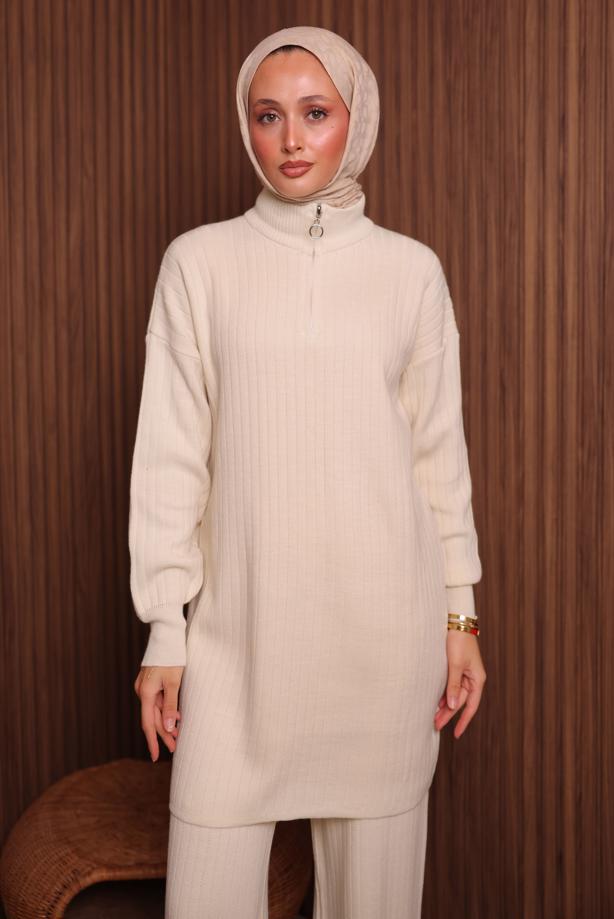 Vêtements hijab ÉCRU ENSEMBLE PANTALON EN MAILLE T 5207 - TRENDTESETTÜR