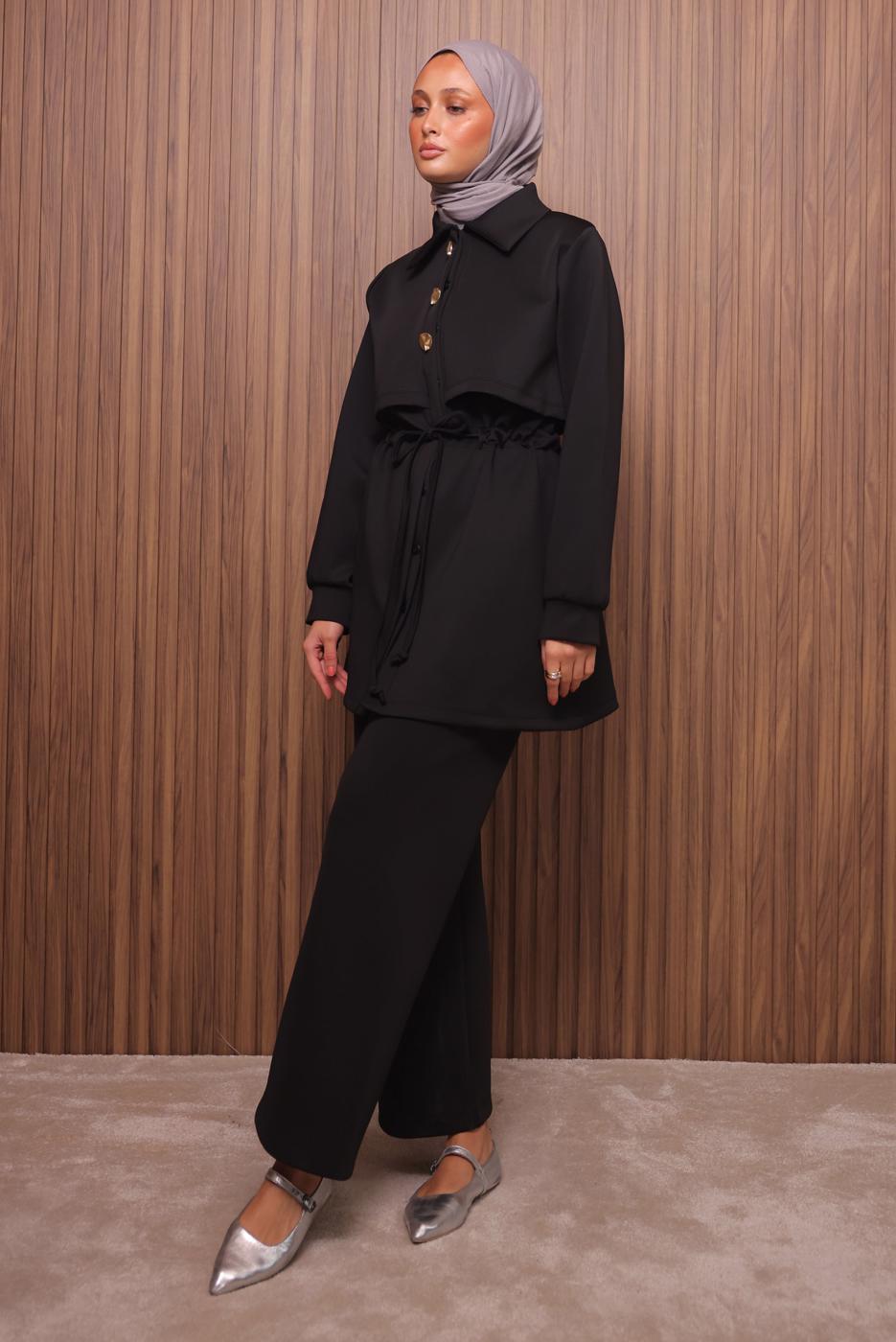 Tesettür giyim SİYAH PANTOLONLU SCUBA ÖRME TAKIM T 5235