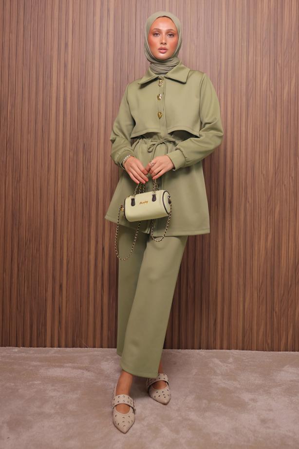 Tesettür giyim YEŞİL PANTOLONLU SCUBA ÖRME TAKIM T 5235 - TRENDTESETTÜR