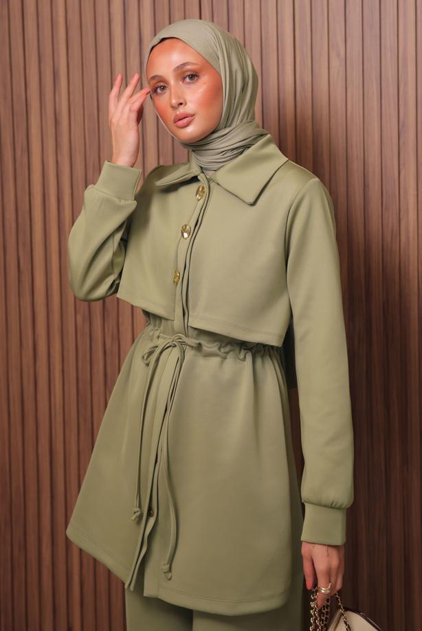 Tesettür giyim YEŞİL PANTOLONLU SCUBA ÖRME TAKIM T 5235 - TRENDTESETTÜR