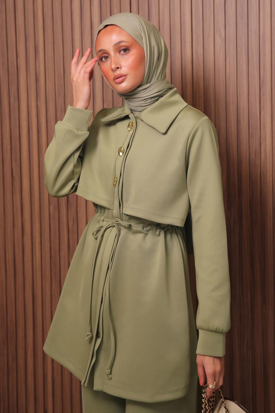 Tesettür giyim YEŞİL PANTOLONLU SCUBA ÖRME TAKIM T 5235