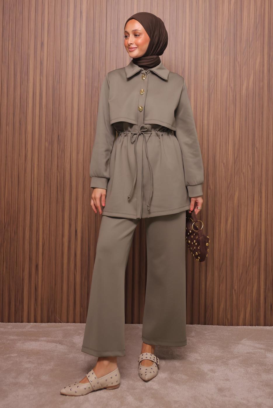 Tesettür giyim KAHVE PANTOLONLU SCUBA ÖRME TAKIM T 5235