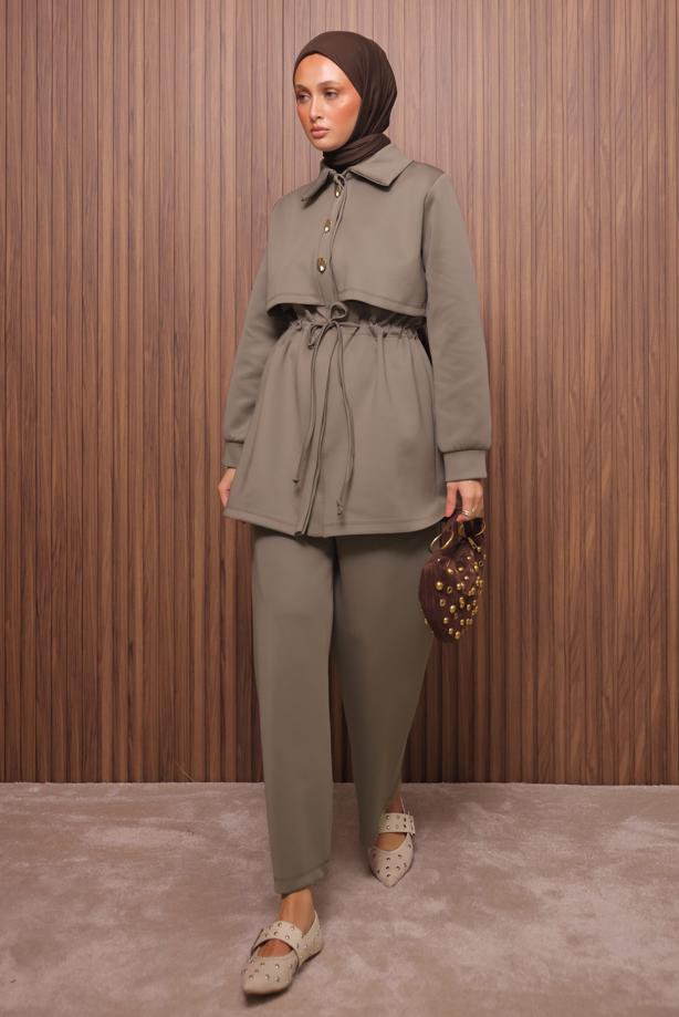 Tesettür giyim KAHVE PANTOLONLU SCUBA ÖRME TAKIM T 5235 - TRENDTESETTÜR