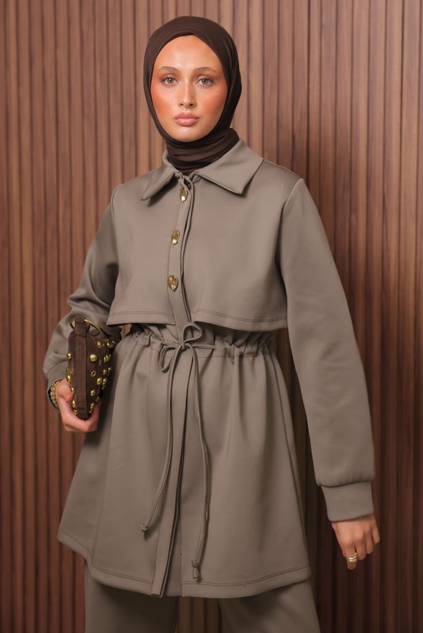 Tesettür giyim KAHVE PANTOLONLU SCUBA ÖRME TAKIM T 5235 - TRENDTESETTÜR