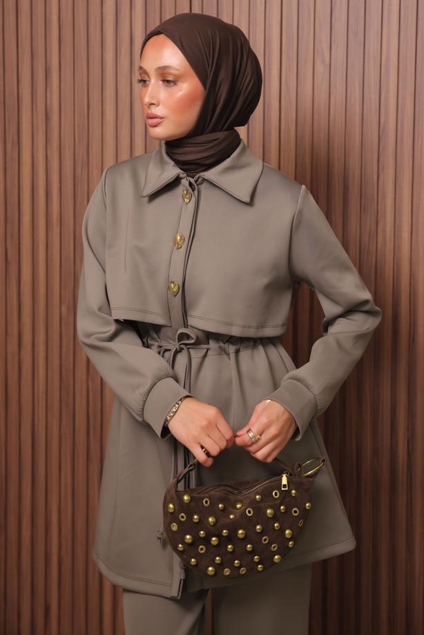 Tesettür giyim KAHVE PANTOLONLU SCUBA ÖRME TAKIM T 5235 - TRENDTESETTÜR