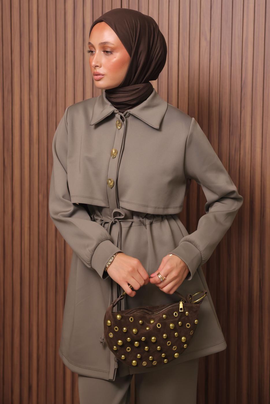 Tesettür giyim KAHVE PANTOLONLU SCUBA ÖRME TAKIM T 5235