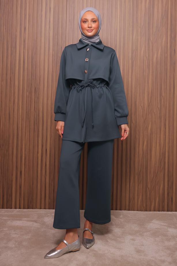 Tesettür giyim GRİ PANTOLONLU SCUBA ÖRME TAKIM T 5235 - TRENDTESETTÜR