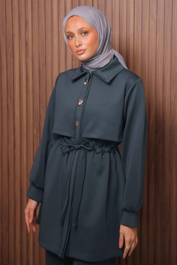 Tesettür giyim GRİ PANTOLONLU SCUBA ÖRME TAKIM T 5235 - TRENDTESETTÜR