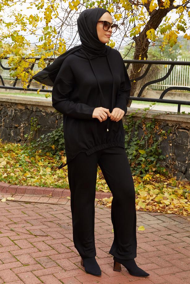 Tesettür giyim SİYAH PANTOLONLU KAPÜŞONLU TAKIM T 5666 - TRENDTESETTÜR