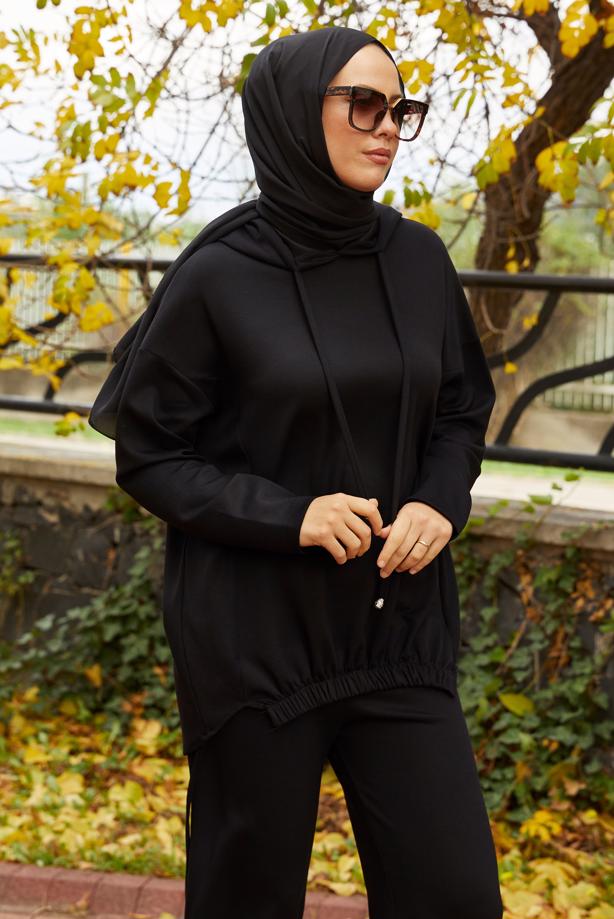 Tesettür giyim SİYAH PANTOLONLU KAPÜŞONLU TAKIM T 5666 - TRENDTESETTÜR