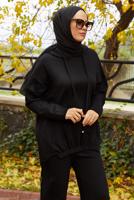 Tesettür giyim SİYAH PANTOLONLU KAPÜŞONLU TAKIM T 5666