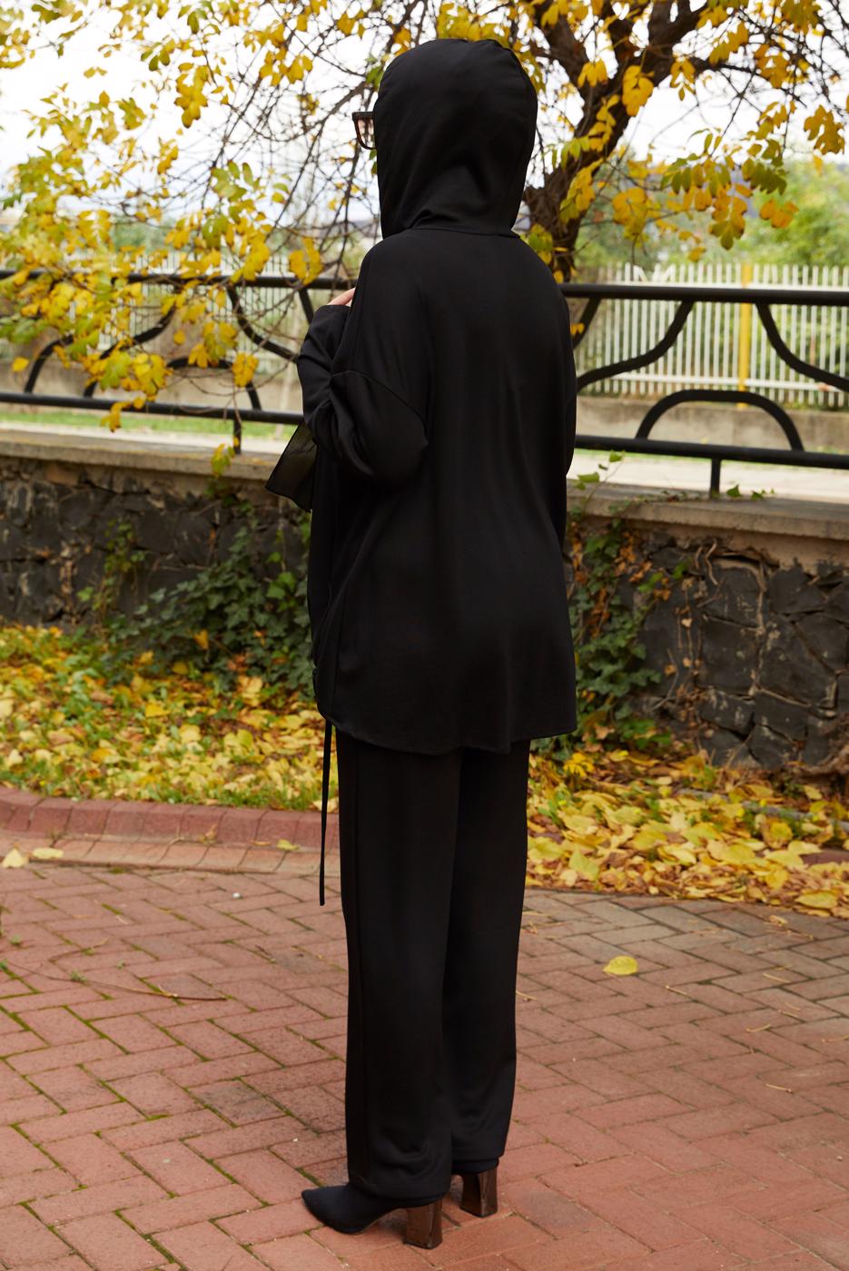Tesettür giyim SİYAH PANTOLONLU KAPÜŞONLU TAKIM T 5666