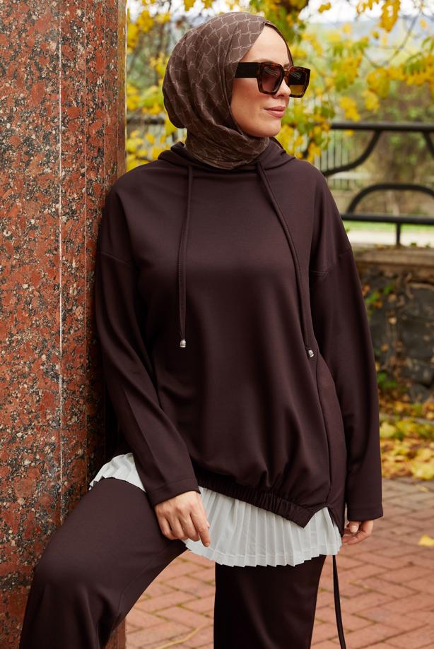 Tesettür giyim KAHVE PANTOLONLU KAPÜŞONLU TAKIM T 5666 - TRENDTESETTÜR