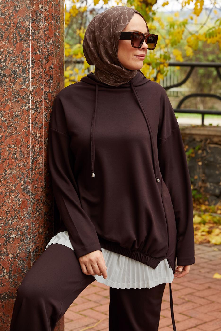 Tesettür giyim KAHVE PANTOLONLU KAPÜŞONLU TAKIM T 5666