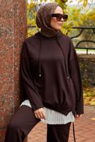 Tesettür giyim KAHVE PANTOLONLU KAPÜŞONLU TAKIM T 5666