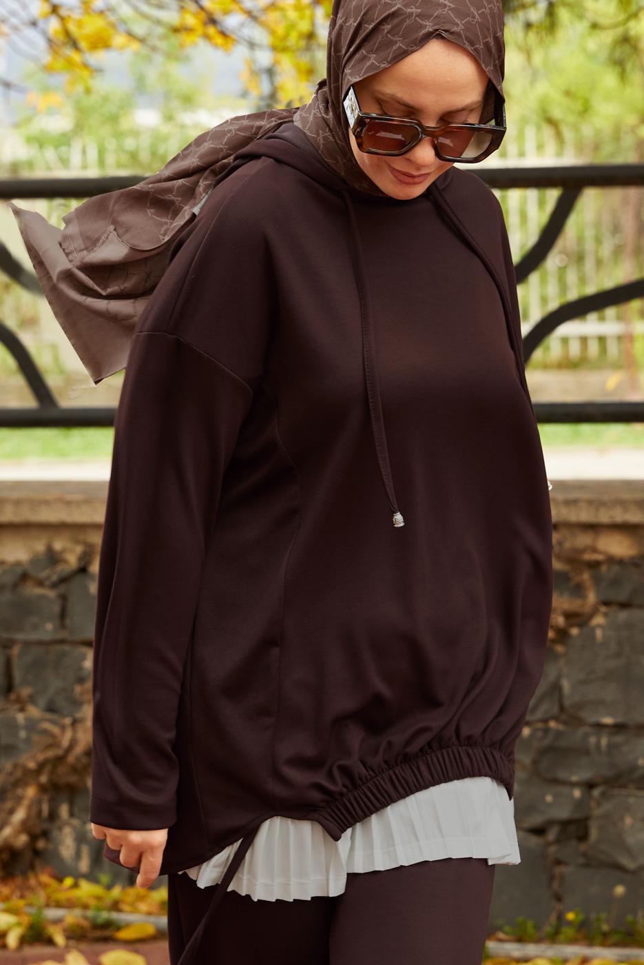 Tesettür giyim KAHVE PANTOLONLU KAPÜŞONLU TAKIM T 5666