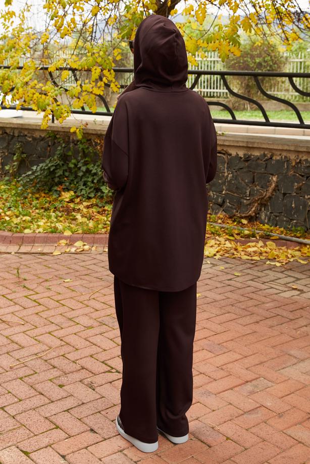 Tesettür giyim KAHVE PANTOLONLU KAPÜŞONLU TAKIM T 5666 - TRENDTESETTÜR