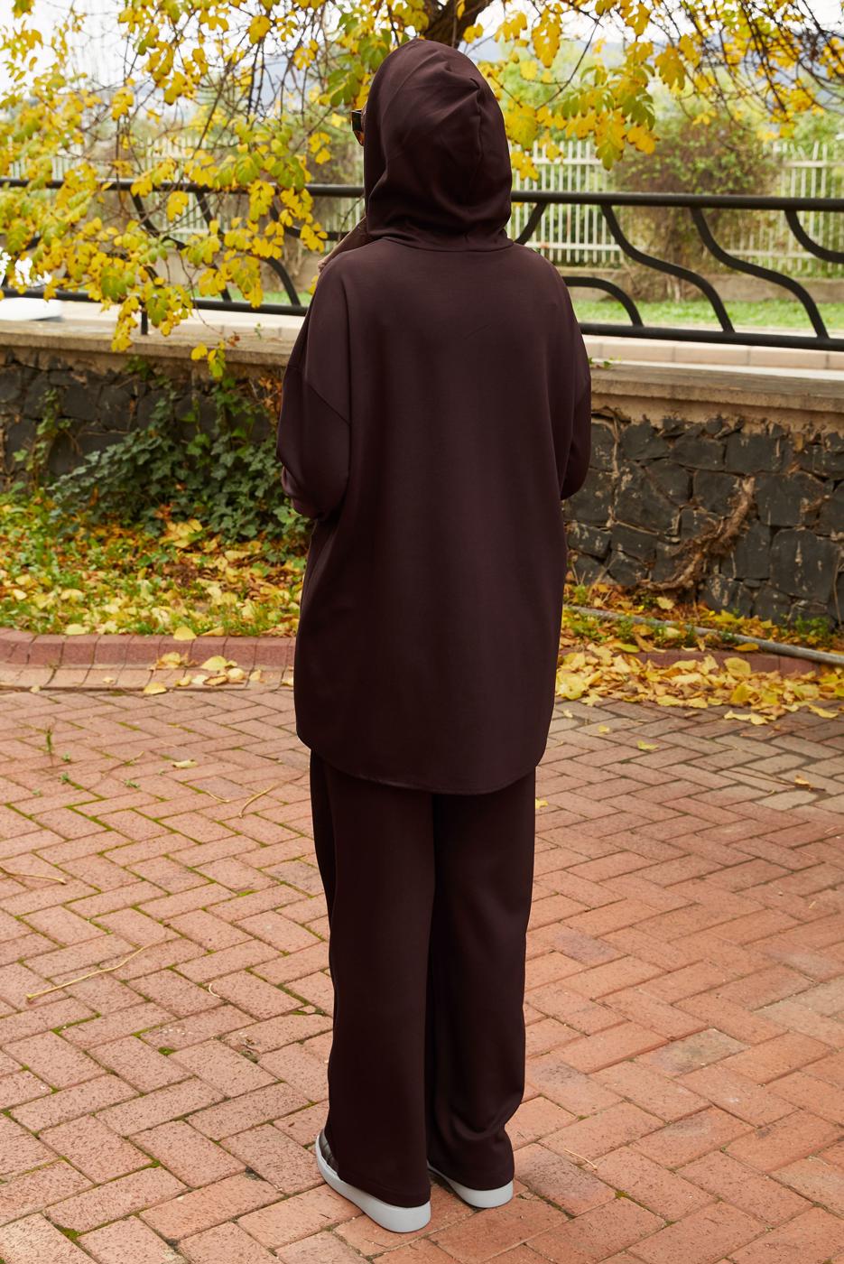 Tesettür giyim KAHVE PANTOLONLU KAPÜŞONLU TAKIM T 5666