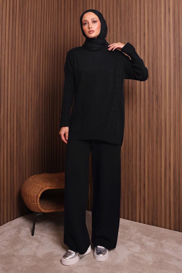 Hijab clothing BLACK KNITWEAR PANTSUIT T 6307 - TRENDTESETTÜR