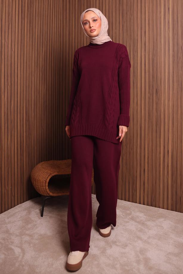 Tesettür giyim BORDO PANTOLONLU TRİKO TAKIM T 6307 - TRENDTESETTÜR