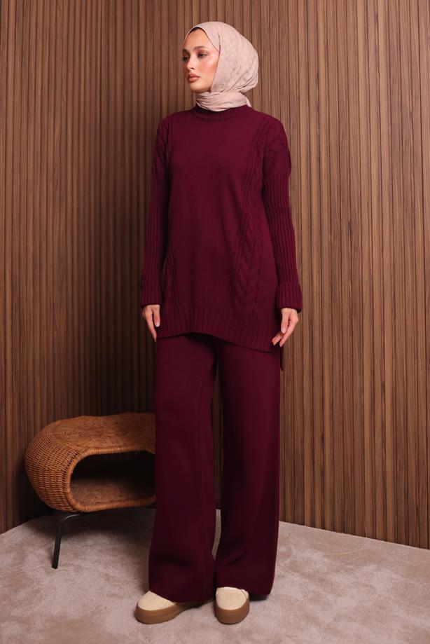 Tesettür giyim BORDO PANTOLONLU TRİKO TAKIM T 6307 - TRENDTESETTÜR