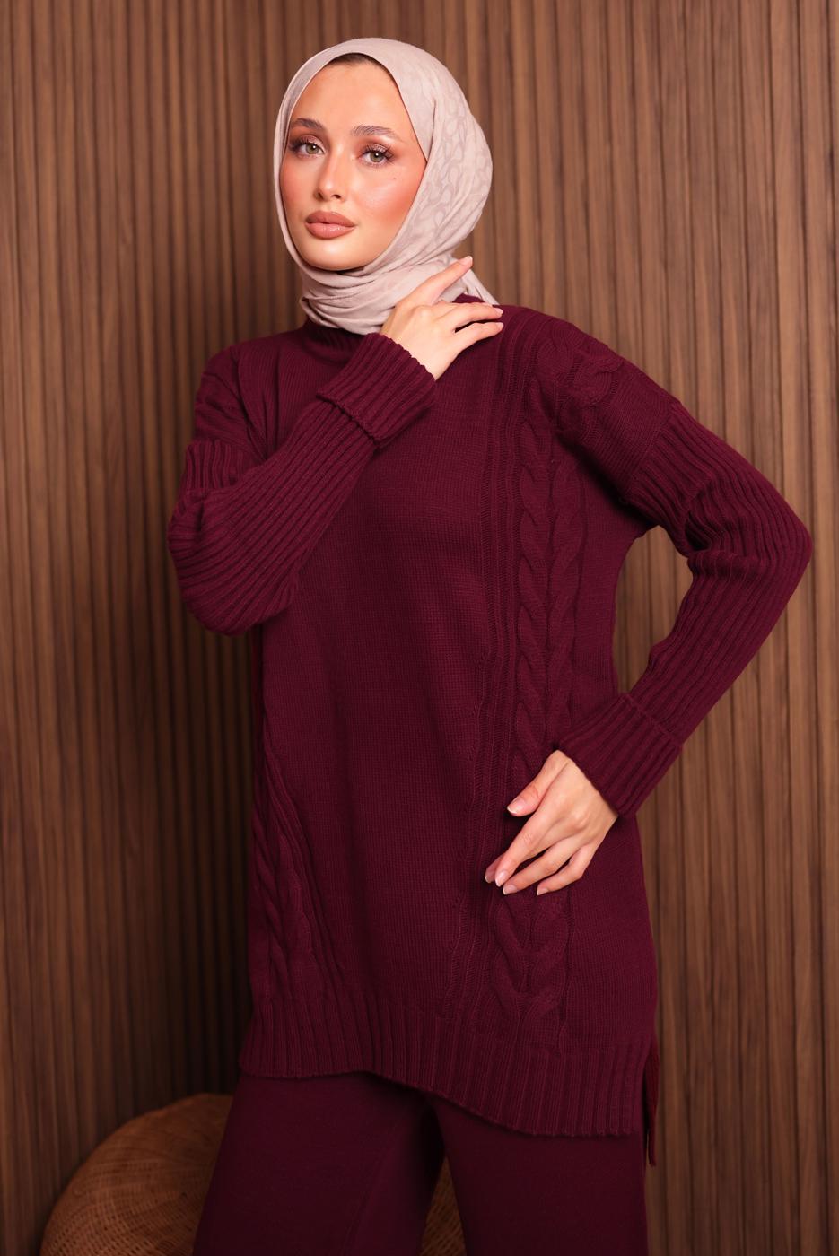 Tesettür giyim BORDO PANTOLONLU TRİKO TAKIM T 6307
