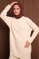 Tesettür giyim EKRU PANTOLONLU TRİKO TAKIM T 6307